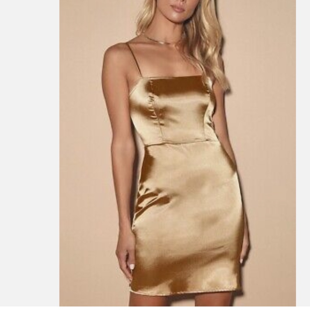 Lulu’s gold satin bodycon mini dress Emmalee